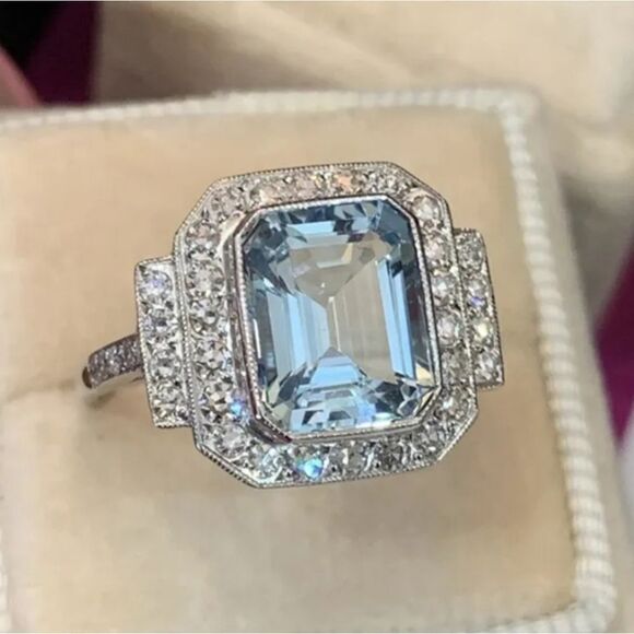 SILVER DIAMOND AQUAMARINE RING - Picture 1 of 5